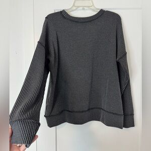 Zenana Outfitters Striped Ribbed Crewneck Sweater in Charcoal and Black